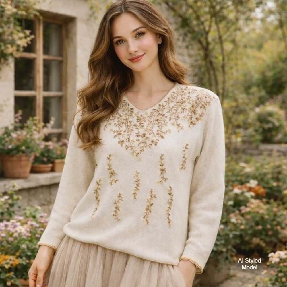 Heirloom Collectibles Beaded Embroidered Sweater Womens 20 Cottagecore Vintage‎